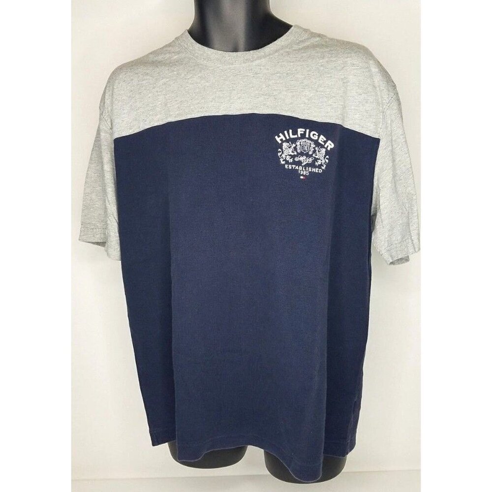 Tommy Hilfiger TShirt Gray Navy Logo Spellout Color Block Mens Vintage XL